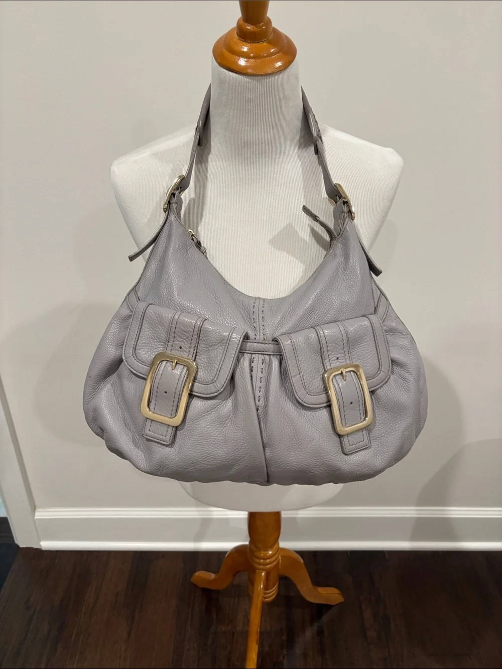 Cole Haan Light Gray Pebbled Leather Shoulder Hobo with Buckle Front Pockets